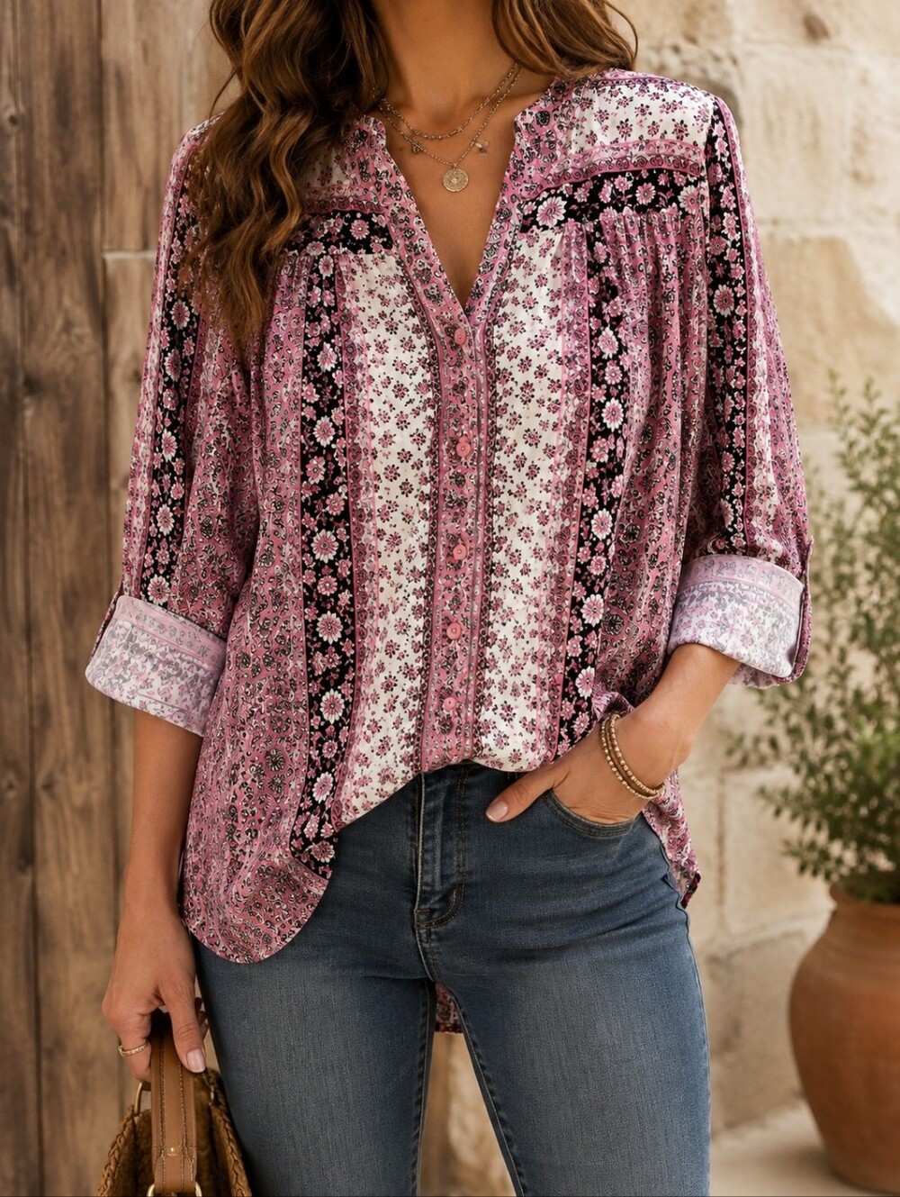 Style & Co. Pink Floral Border Print Cotton Modal Blouse 1X Feminine Cozy